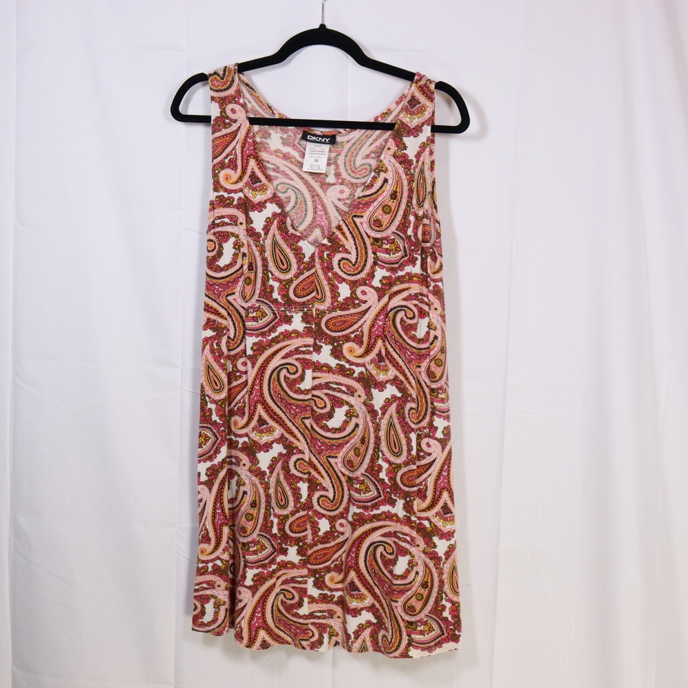 DKNY‎ Paisley Sleeveless Top M Pink Womens V-Neck Tencel Blouse